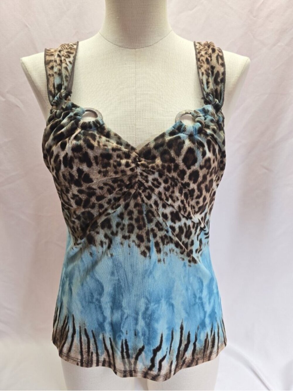 Y2K Leopard Print Blue Animal Print Halter Tank Top Womens Size 8 Vintage